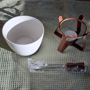White Ceramic Fondue Set with Copper Stand